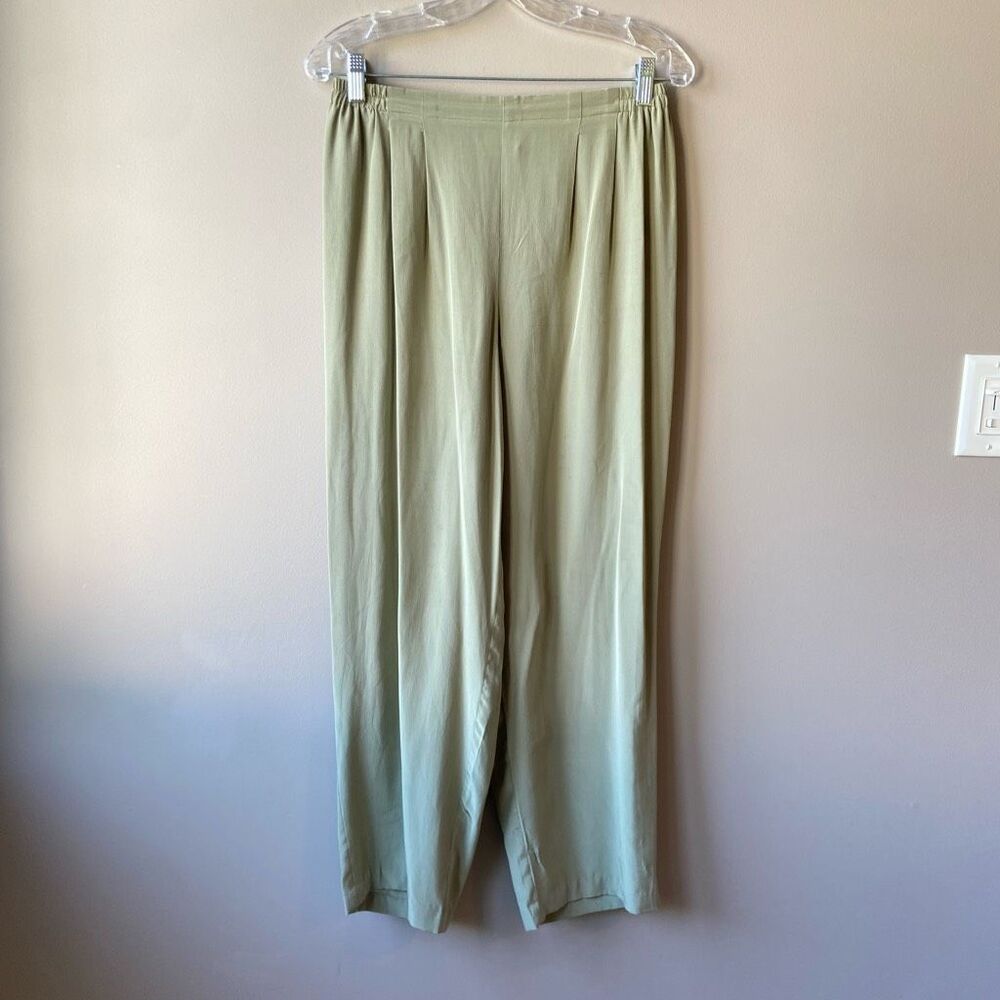 100% Silk Sage Green Wide Leg Trousers Elastic Waist Ankle